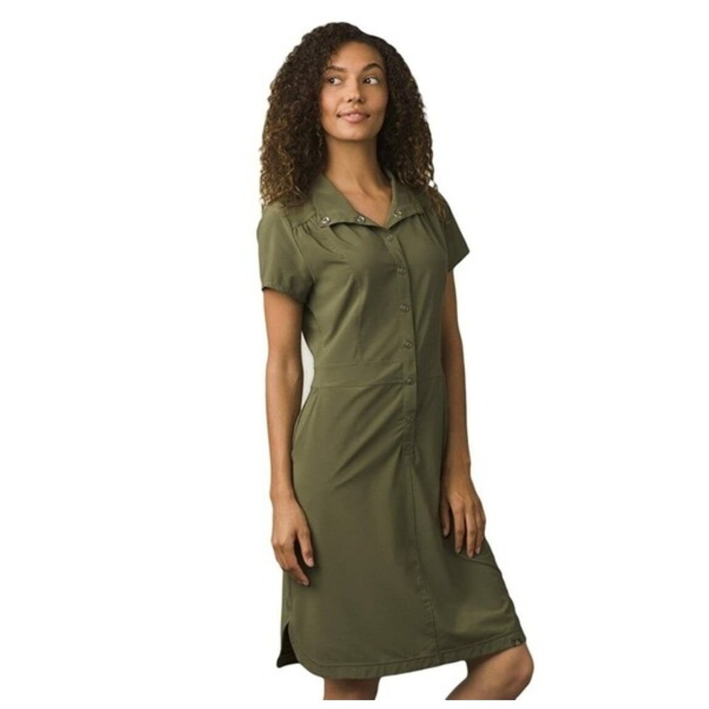 Prana Shadyn Utility Shirt Dress Size M Olive Green Short Sleeve Button Front